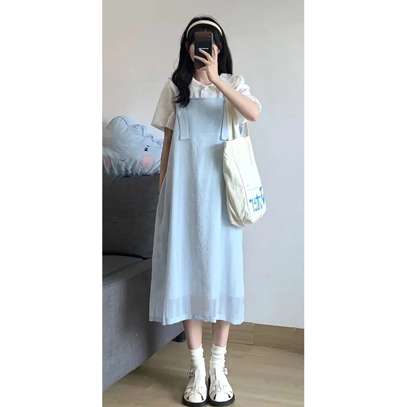 

Summer Playful and Lively Cool and Cute Bubble Sleeve Shirt Strap Dress Two-piece Suit College Style Small Man