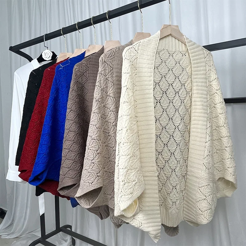 Factory Wholesale Elegant Hollow Out Knitting Cotton Shawl For Woman Muslim Solid Color Scarf Ladies Casual Poncho