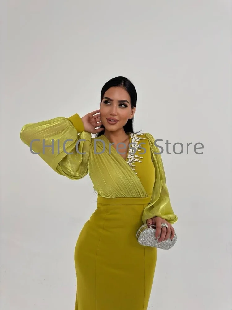 우아한 이브닝 드레스 브이넥 긴 소매 머메이드 비딩 갈라 프로미 파티 드레스 커비 맞춤형 이브닝 드레스