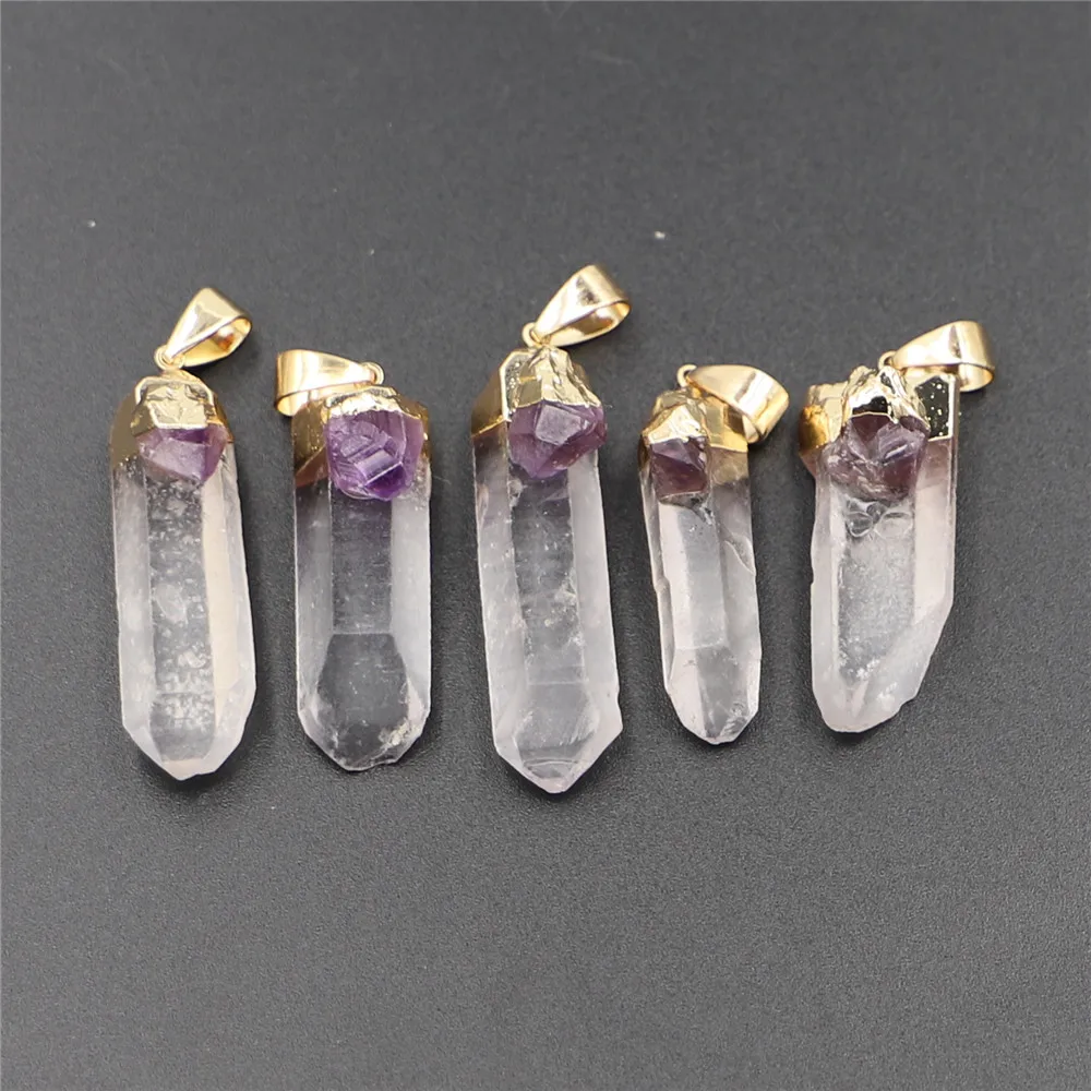 Wholesale Natural Gems Chakra Stones Clear Crystal Pillar Amethysts Column Reiki Pendants Nickles  for Women Jewelry Making 5PCS