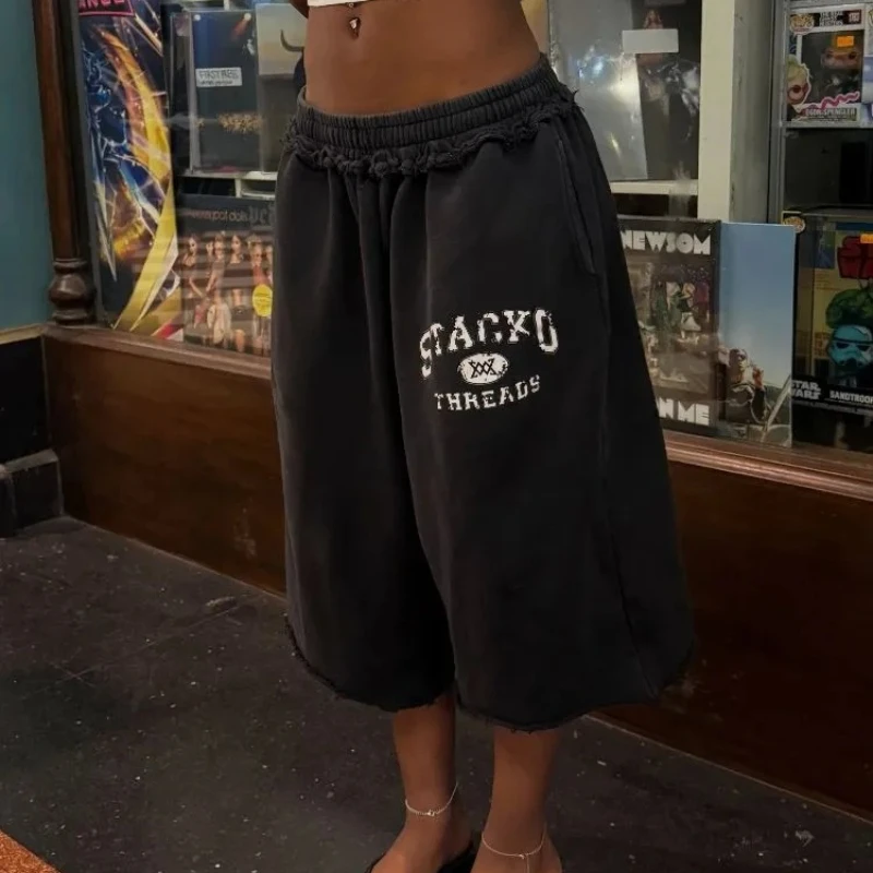 Retro Casual Pilot Shorts Ruffle Crest Graphic Woven Label Frayed 3/4 Shorts Hip Hop Harajuku Streetwear Unisex Wide Leg Pants