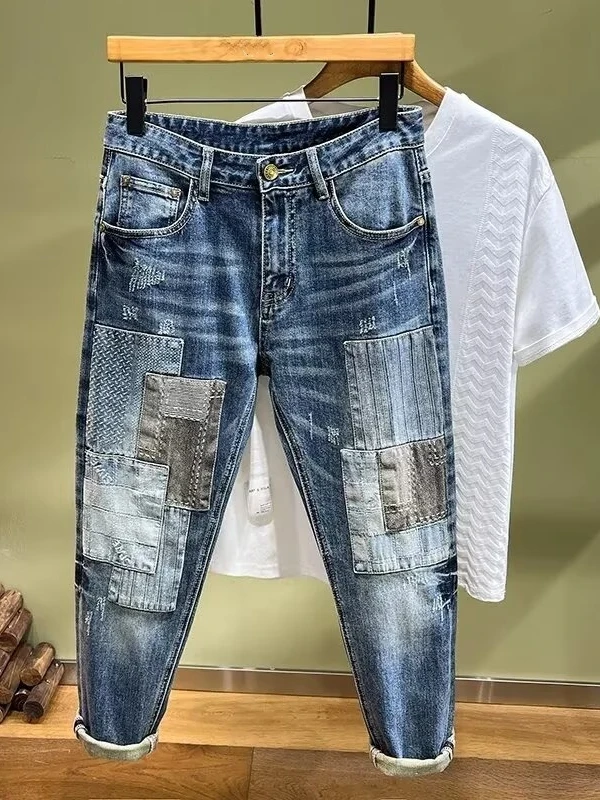 

Мужские джинсы Slim Fit, весна-осень 2025, новые, с вышивкой и пэчворком, высокоэластичные, износостойкие, дышащие, повседневные, модные брюки