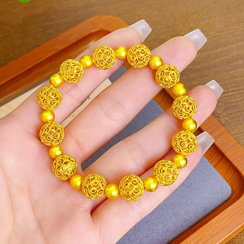 

24K Gold 999 Inherited Silk Delicate Hollow Ball Men's and Women's Bracelet DIY Gold Bracelet Couple Jewelry Gift