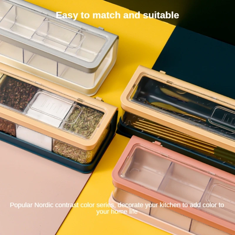 Caja condimentos 4 compartimentos con cucharas, contenedor almacenamiento, lata tarros especias cocina