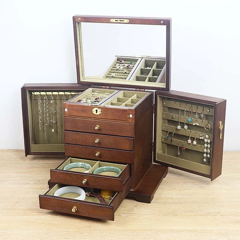 Luxury Jewelry Box Wood with Lock Large Storage Box Retro Jewelry Organizer for Women Display Rack Showcases Packaging Supplies