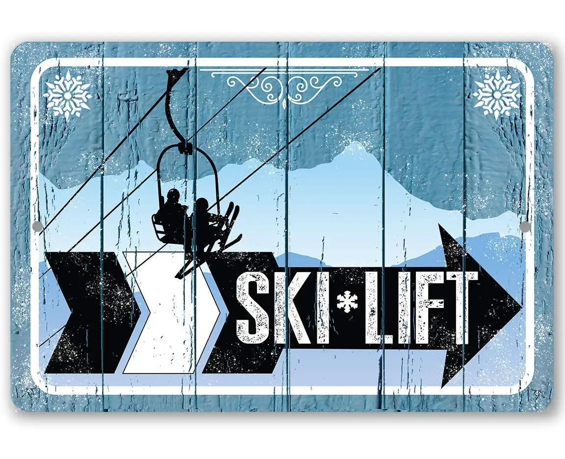 Ski Lift Directional Sign (Right) - Tin Great for Mountain Cabin Lodge, Winter Sports Decorations, Classic Gift f