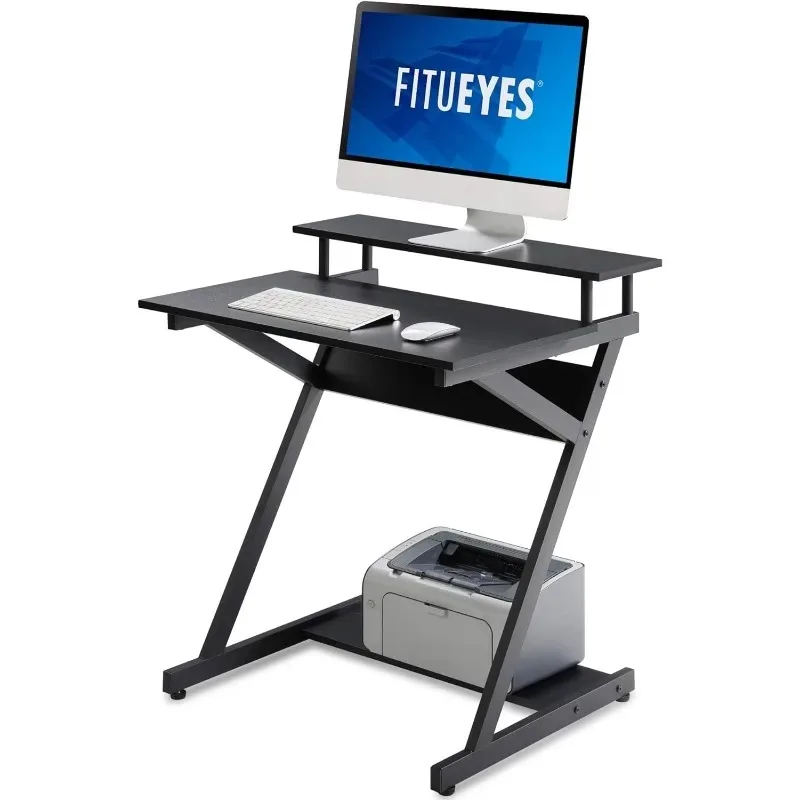 

Computer Desk for Small Spaces,27.6" Z-Shaped Compact Study Table with Monitor & Bottom Shelves for Home Office, Black