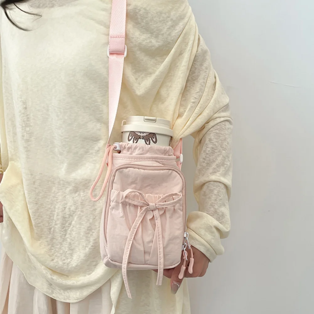 Nylon Shoulder Bag Versatile Drawstring Crossbody Bag Outdoor Bow Phone Bag Nylon Adjustable Kettle Handbag For Outdoor Daily