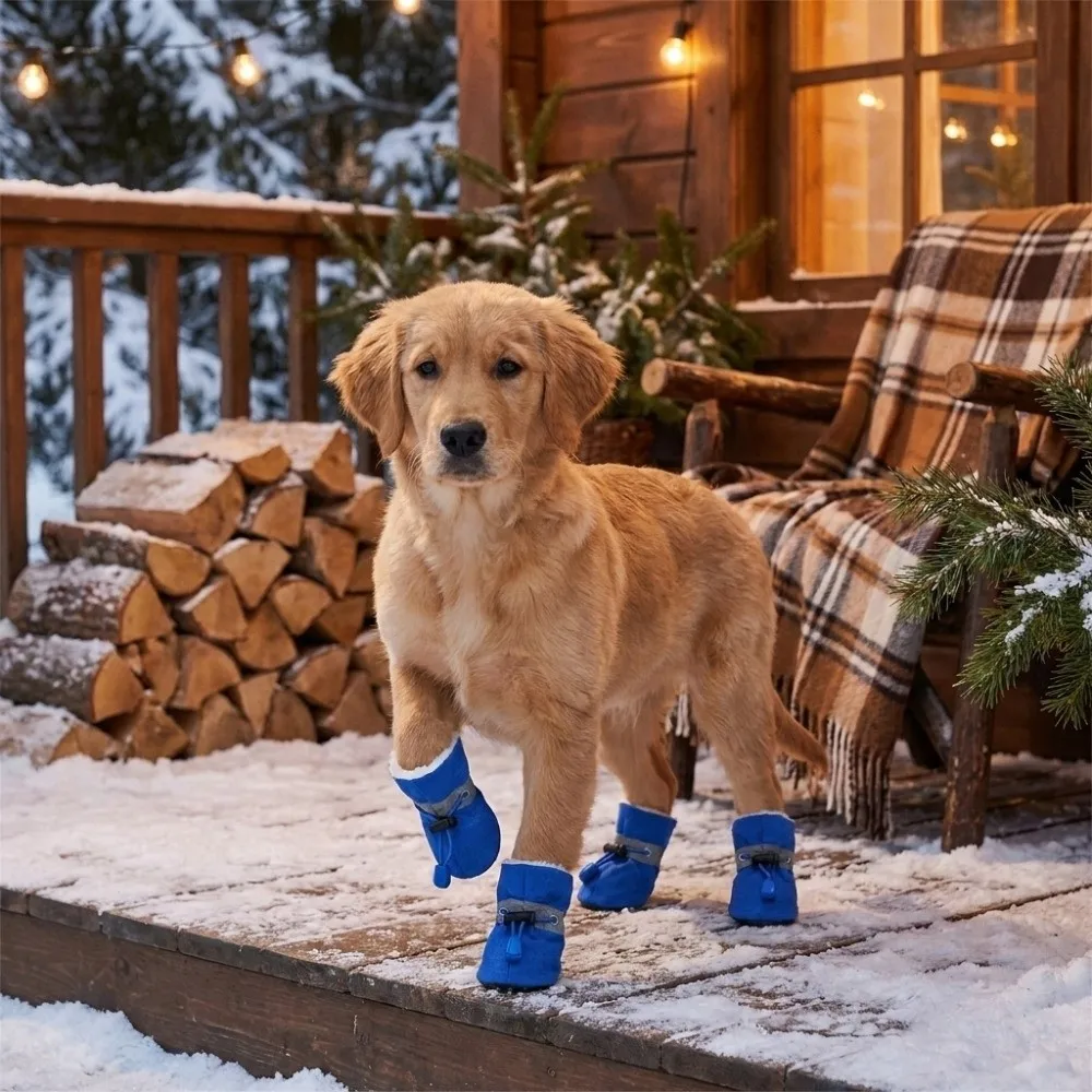 Waterproof Winter Dog Shoes Thicken Warm Anti-Slip Dog Rain Snow Boots Adjustable Buckles Reflective Strip Pet Socks Booties