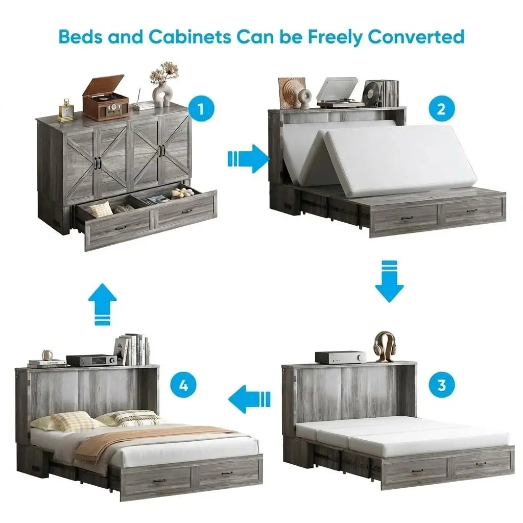 Queen Murphy Bed Cabinet Tri-Fold Mattress Charging Station Hidden Storage Drawers Space Saving Chest Wall Bed, Customized view 3