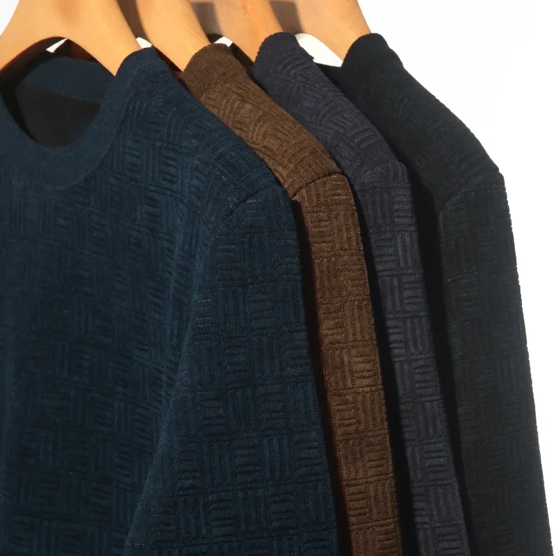 Men\'s Warm Thickened Chenille Sweater Heavy Jacquard Round Neck Pullover Business Knitted Plus Velvet Striped Bottoming Tops