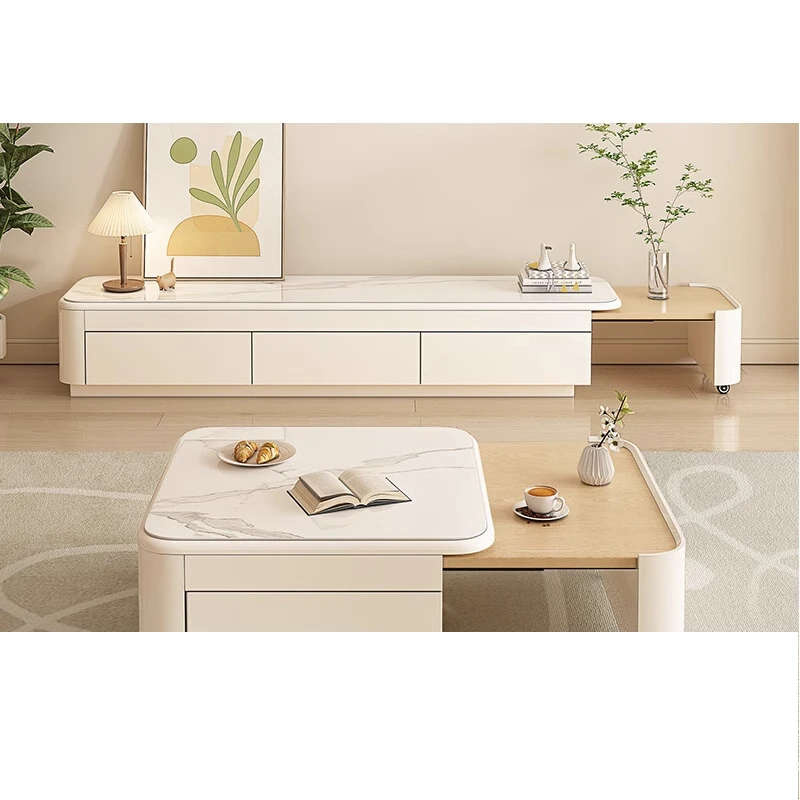 

Rock slab coffee table TV cabinet combination modern simple small apartment cream living room
