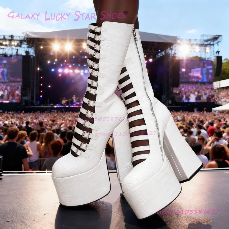 Donkerblauwe steen geruite platformlaarzen meisjes feestriemgesp kleurrijke dikke hakken roze rode hoge hakken schattige dames schoenen met ronde neus