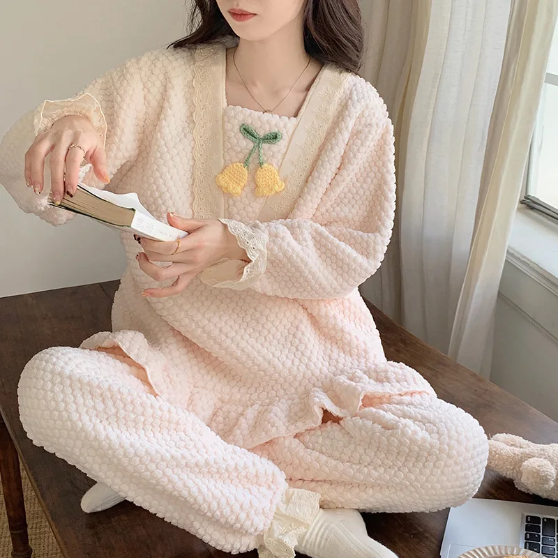

M-2XL Women's Coral Fleece Pajamas Set Flannel Thick Winter Warm Home Clothes Ruffle Sweet Sleepwear Korean Student Loungewear