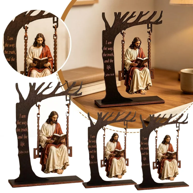 19x14cm Religious Jesus Reading Book Swing Desktop Ornament Wooden Tree Frame Christian Faith Decor For Bedroom Living Room