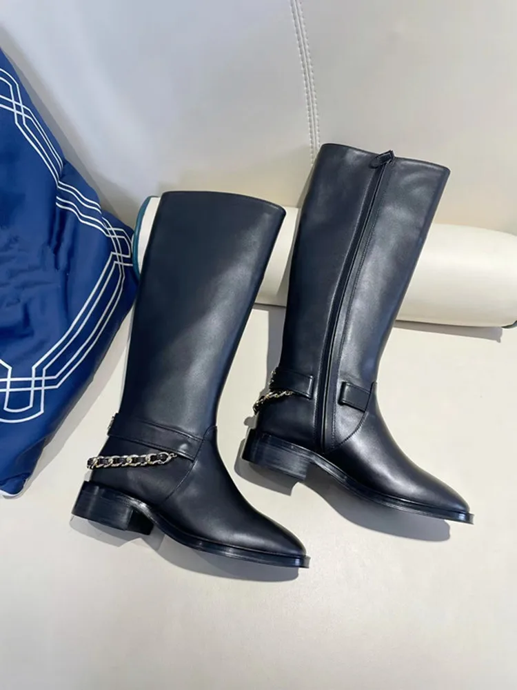 

Inspired Knee High Boots Women's Autumn Winter New Chain Thi Heel Knight Boots Not over Knee Genuine Leather Long Boots