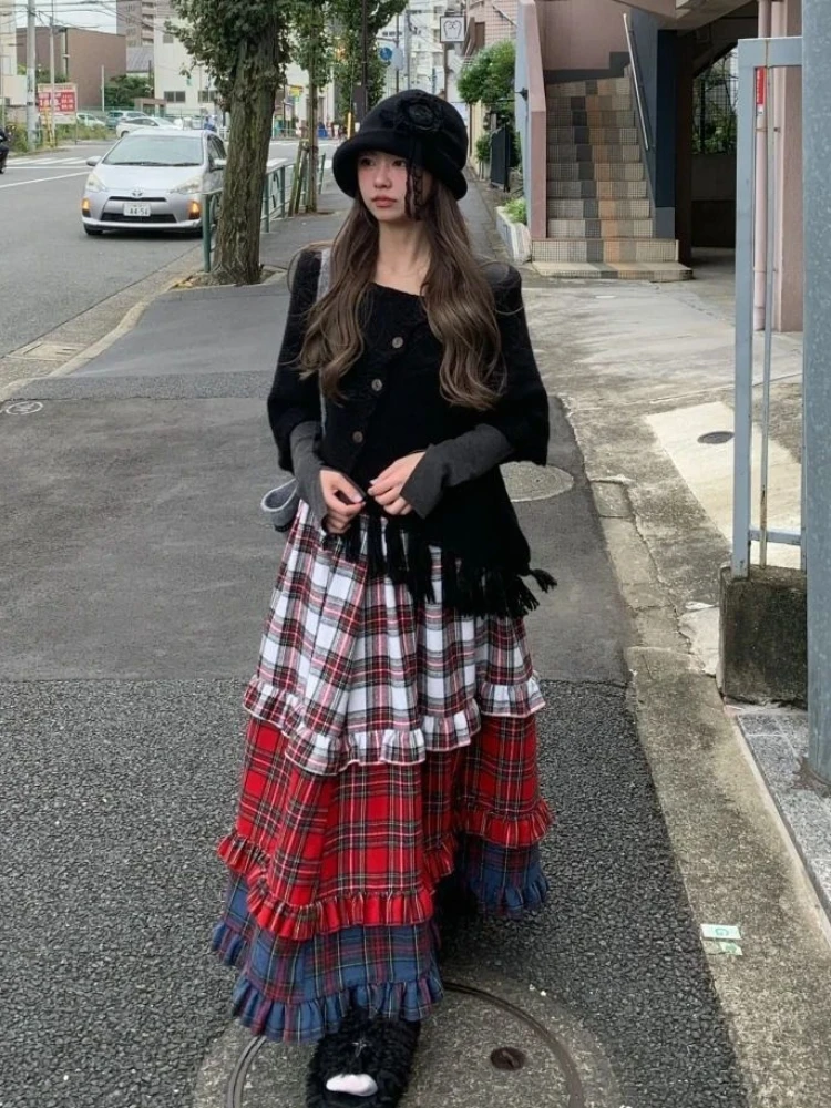 

Autumn/Winter Christmas Checkered Rhapsody Lace Long Dress Harajuku Spicy Girl Color blocked Gradient Women's Half length Skirt