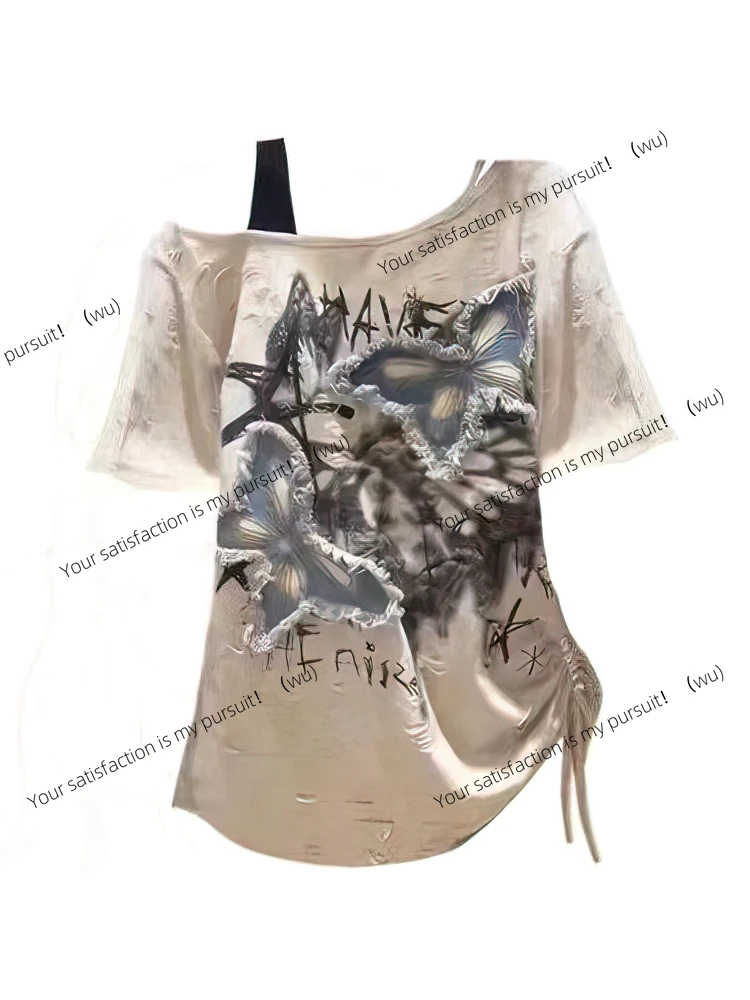 

Винтажная летняя футболка Y2k с открытыми плечами, женская футболка с графическим рисунком 2000-х годов, шикарный топ с короткими рукавами, женский винтажный топ 2025 года, новинка