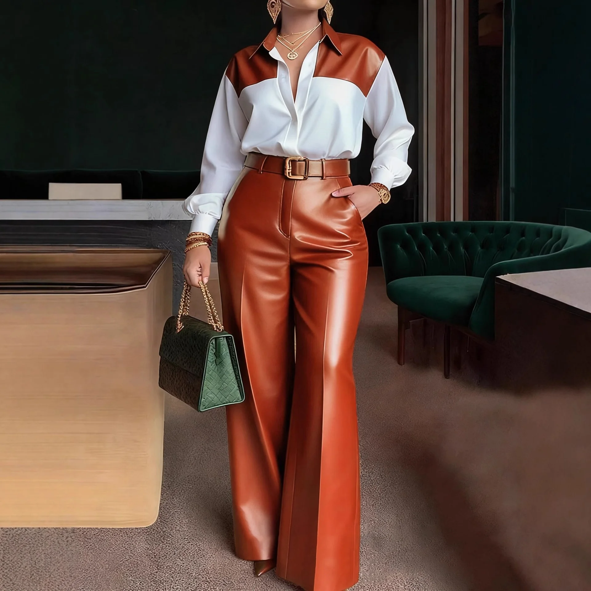 

Весенне-осенняя рубашка с длинными рукавами + кожаные длинные брюки, комплект из двух предметов, женская европейская и американская рубашка с воротником с лацканами, пояс, широкий брючный костюм