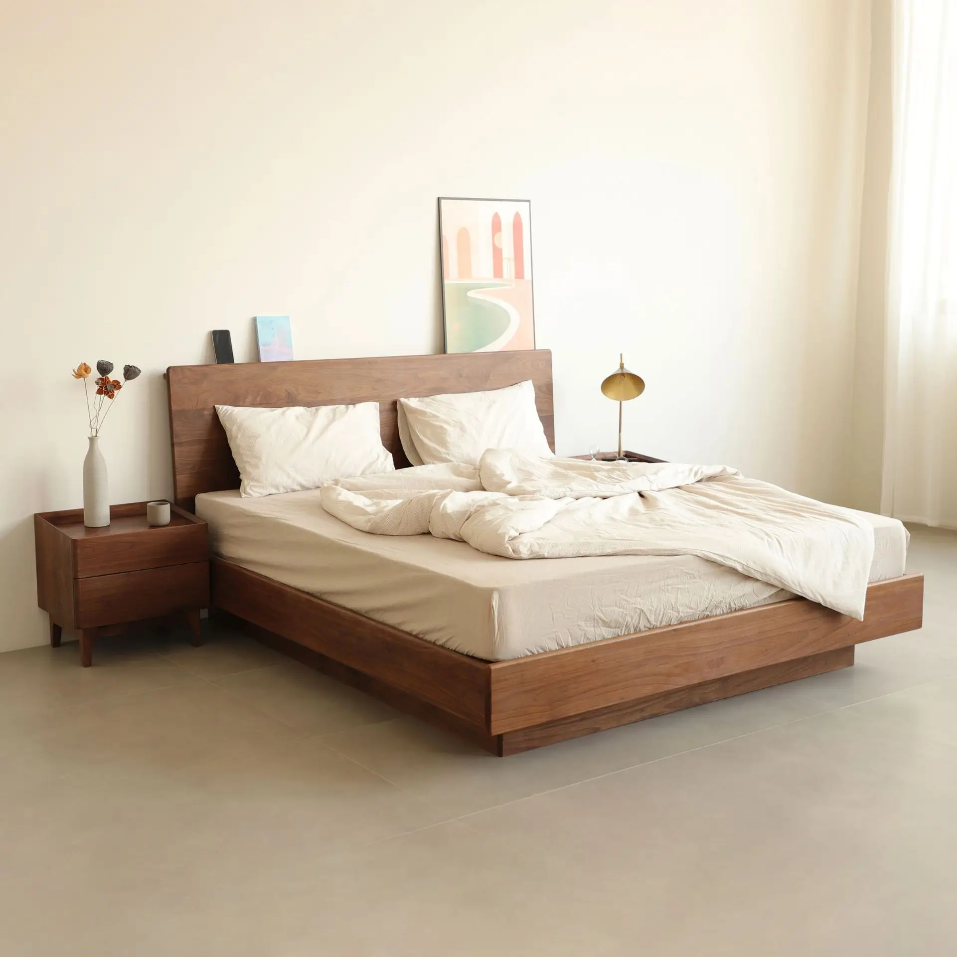 Storage bed Suspended black walnut solid wood Air pressure Box Nordic double storage High box bed