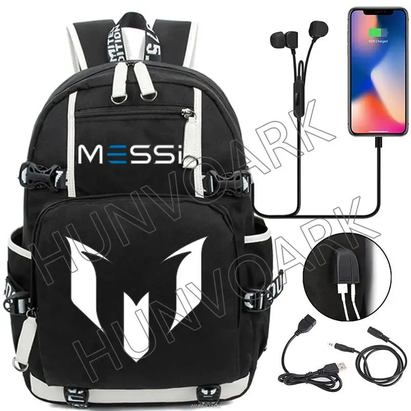 Messi Mochila Laptop Hikking Waterproof Notebook Bag USB Schoolbag Sports Travel School Bag Pack Mochila Para Masculino Feminino