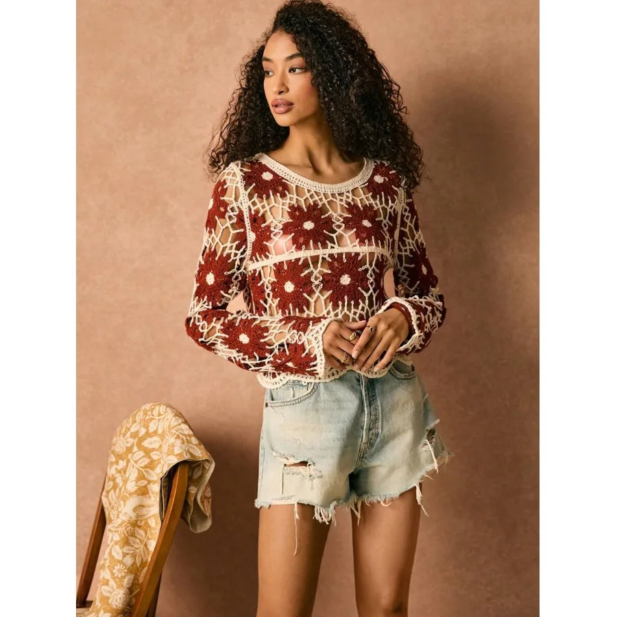 

Sweet And Spicy Women's Long Sve Knitted Cover up ort Top European Sle Spring Summer New Arrival Street Sle round Ne