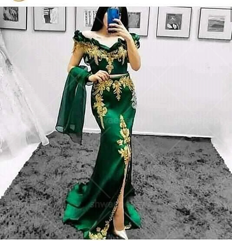 Emerald Green Evening Dresses V-Neck Long Satin Formal Party Gowns With God Lace Front Split Women Prom Dress Customized