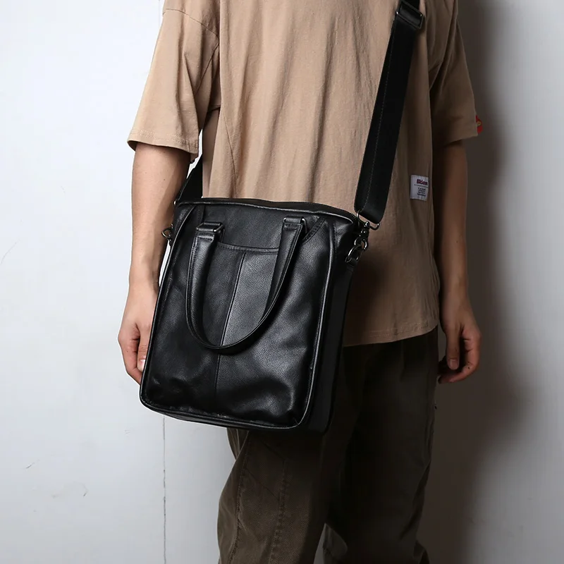 Men\'s Genuine Leather Business Handbag Top Layer Cowhide Single Shoulder Crossbody Bag Vertical Office Computer Bag Briefcase