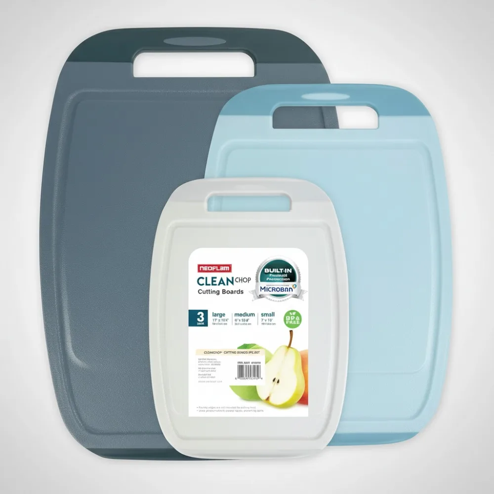 

3-Piece Antimicrobial Plastic Cutting Board Set, BPA Free, Non-Slip Handle, Dishwasher Safe with Juice Grooves for Kitchen