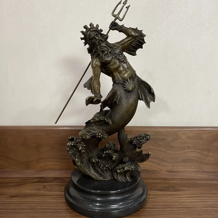 Bronze Greek God Poseidon with Trident Statue Antique Copper Sculpture Art Figurine Ornament Home Decor Art Collection Gifts