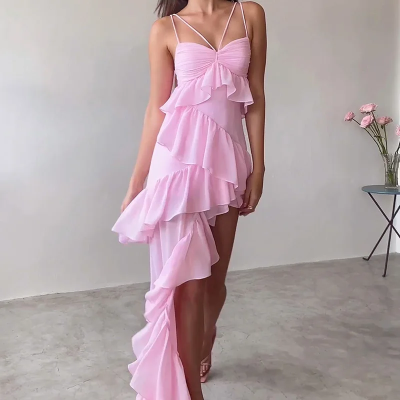 Y2k Summer Women Ruffle Tassels Dress Fairy Grunge Elegantly Chic Evening Dress Sleeveless Spaghetti Straps Dress Wedding Party