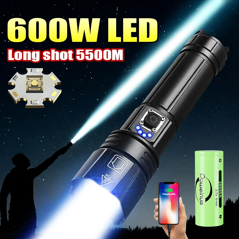 600W LED Ultra Powerful Flashlight Long Shot 5500M Rechargeable Lamp Zoomable Flash Light Tactical Flashlights Super Bright Lamp