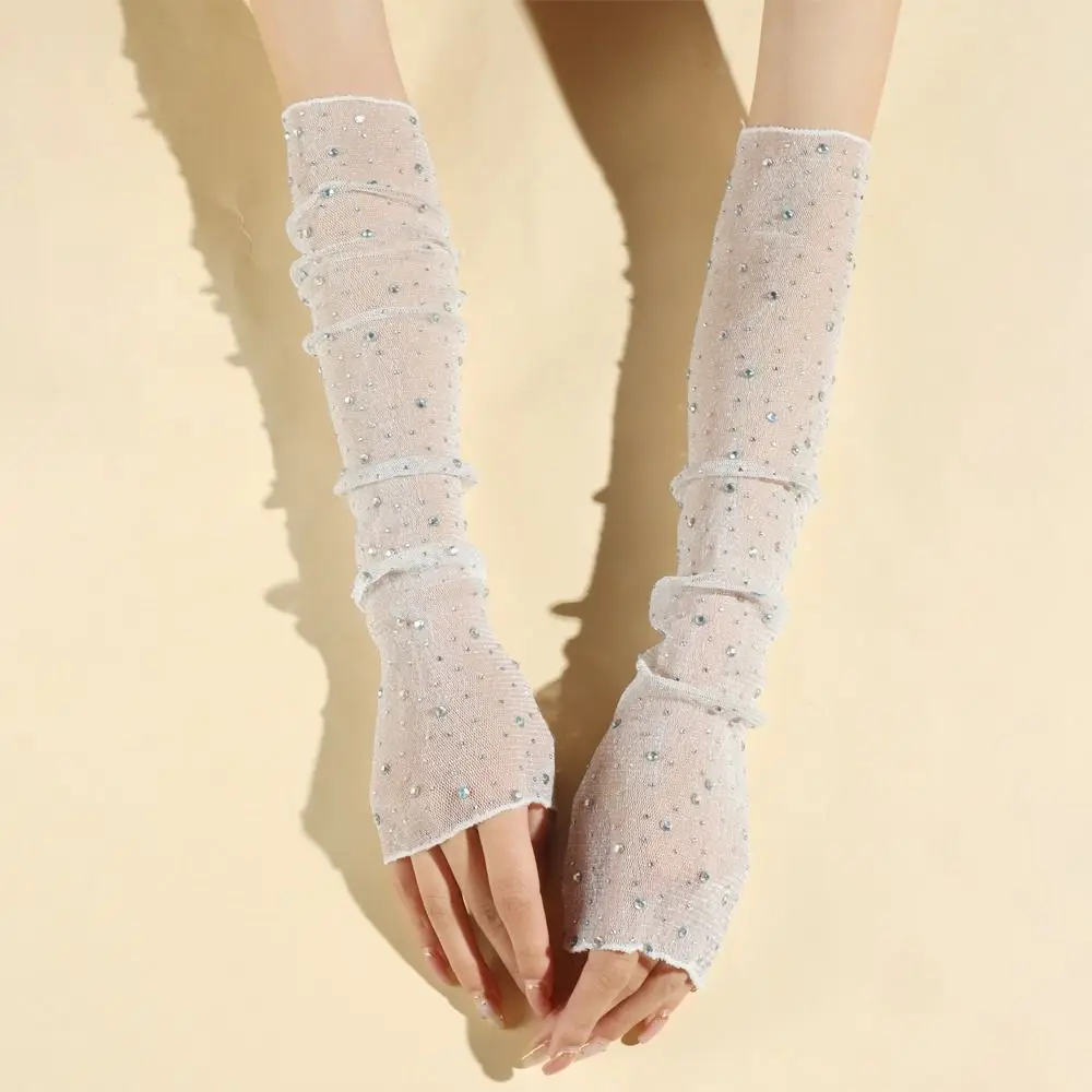 Breathable Summer Lace Gloves Shiny Drill Mesh Yarn Long Fingerless Gloves Arm Cover Sunscreen Arm Sleeves Outdoor Sports