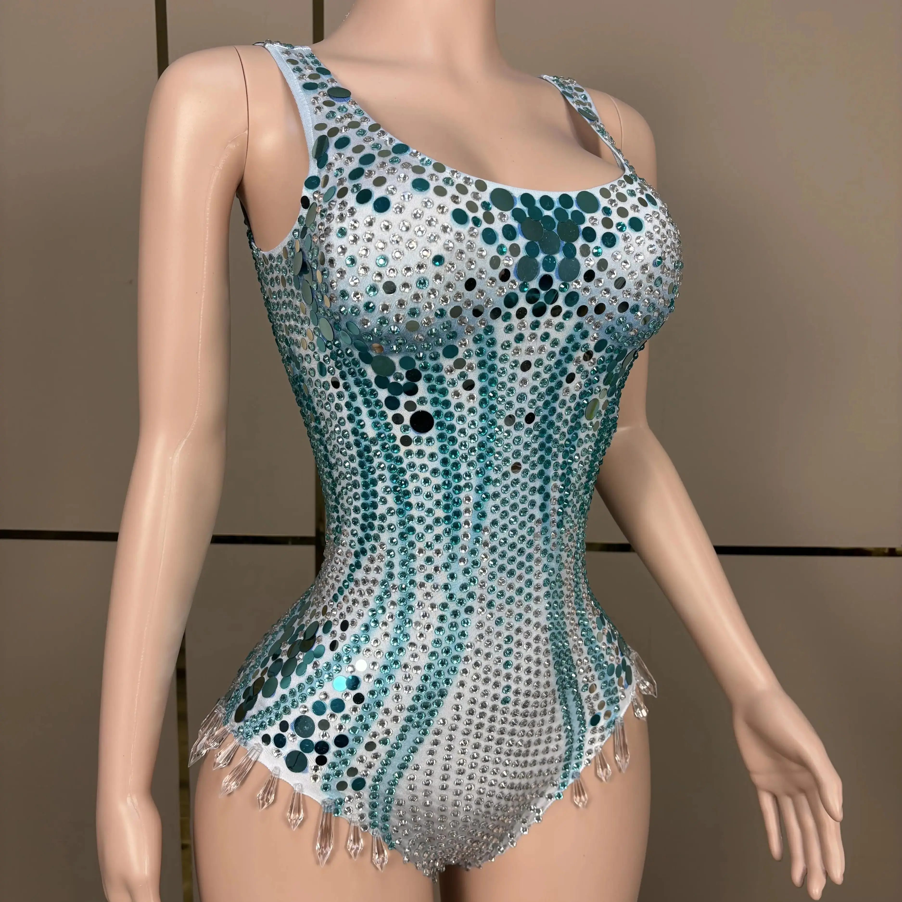 زي رقص نسائي لامع مع أحجار الراين ، بدلة جسم بكتف واحد ، أزرق ، مثير ، skinnyeotard ، مغني ، راقص ، عرض ، ملابس مسرح ، D081