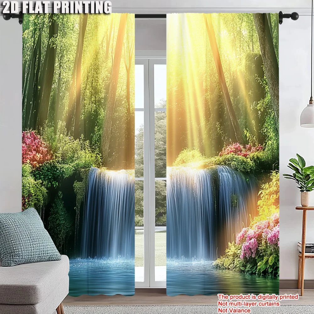 

2Pcs Nature Forest Landscape Sunshine Window Curtain Waterfall Drapes For Bedroom Living Room Kitchen Office Home Decoration