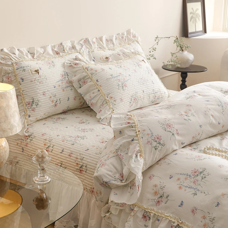 100% Cotton Korean Style Floral Lace Ruffles Princess Bedding Set Duvet Cover Quilted Bedspread Bed Skirt Pillowcases 4/6Pcs