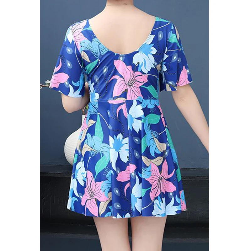 Dames Elegante Mode Tweedelige Badpak Met Bloemenprint Zomer V-Hals Met Korte Mouw Push-Up Strand Mini Jurk Badkleding Badpakken