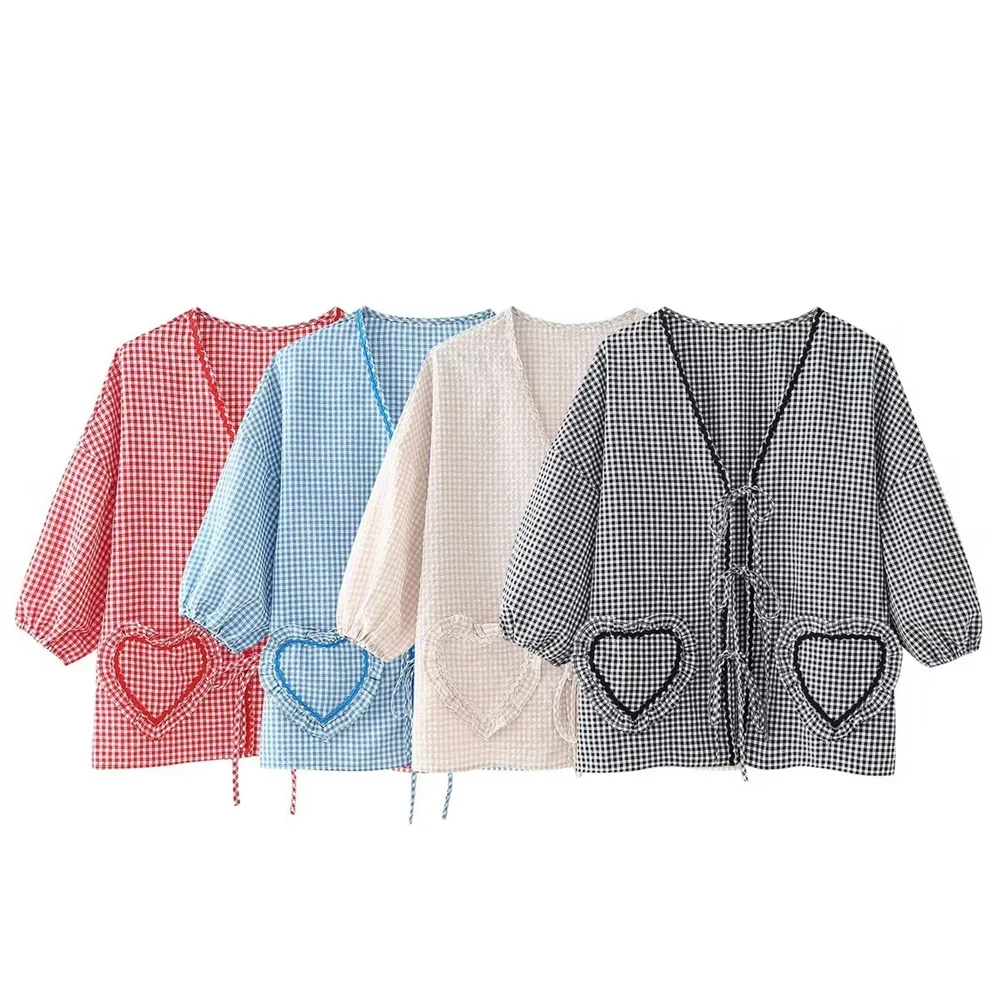 

LIBIELIY 2025 Spring/Summer New Women's European And American Style Short Sleeved Woven Belt Decoration Heart Pocket Shirt
