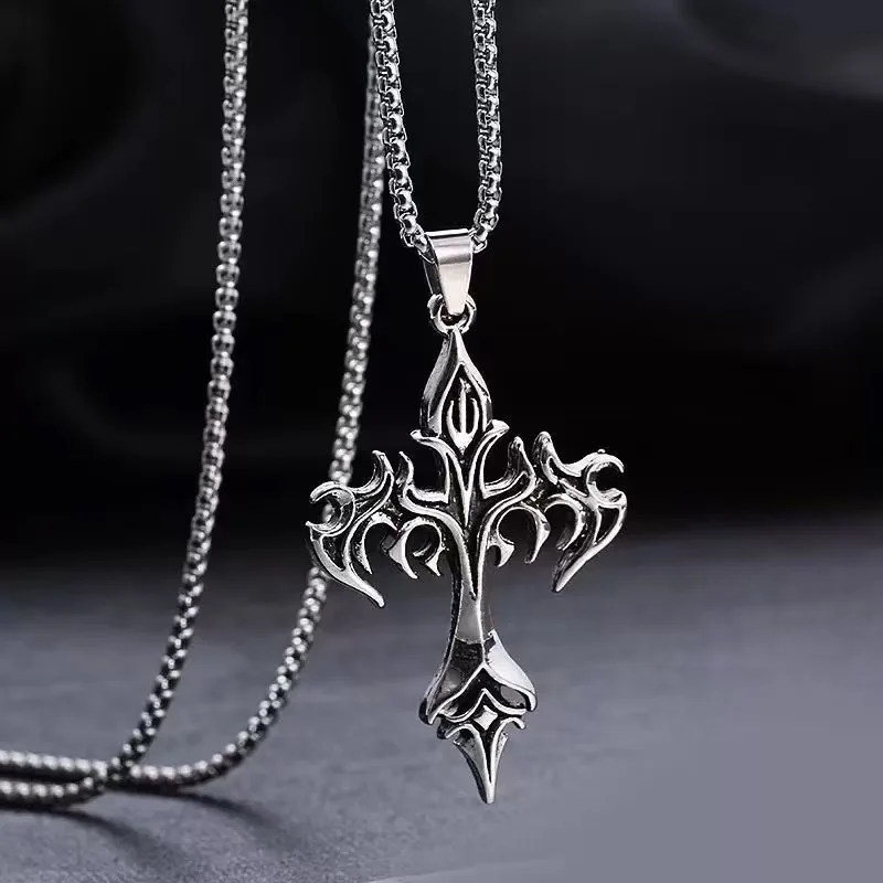 1PCS Fashion Retro Flame Cross Pendant Necklace Men's and Women's Long Chain Punk Gothic Fashion Accessories