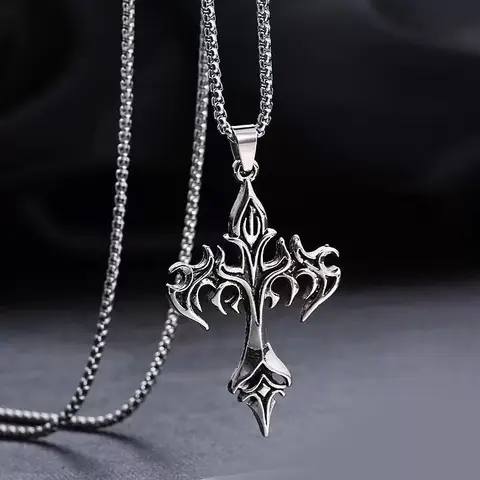 1PCS Fashion Retro Flame Cross Pendant Necklace Men's and Women's Long Chain Punk Gothic Fashion Accessories