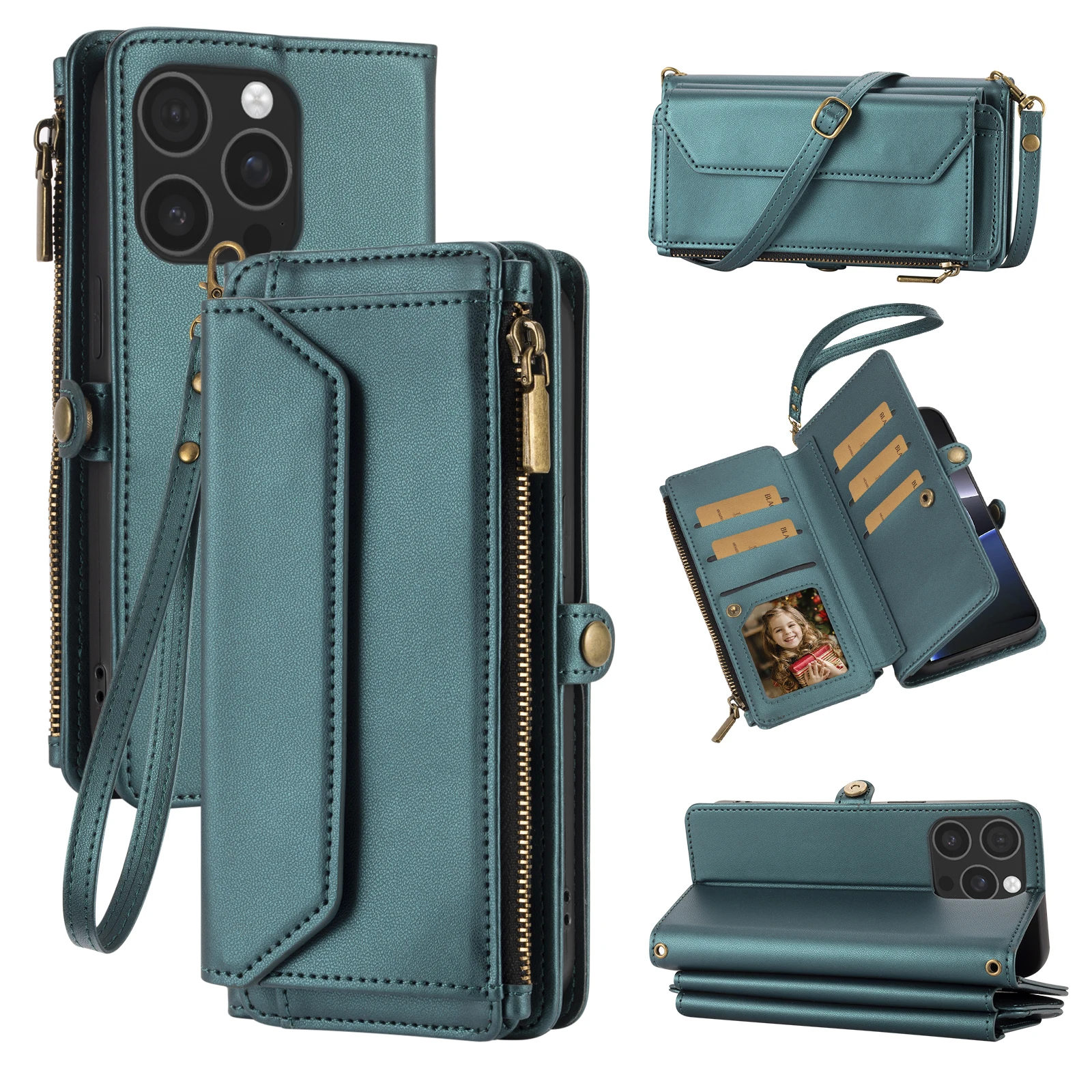 Handyhülle im Wallet-Stil mit mehreren Kartenfächern (langer Riemen + kurzer Riemen) für iPhone 17/16/15/14/13/12/11 Pro Max, Schutzset mit Münzfach, Umhängegurt, Anti-Fall-Kunstlederhülle – Detail 2
