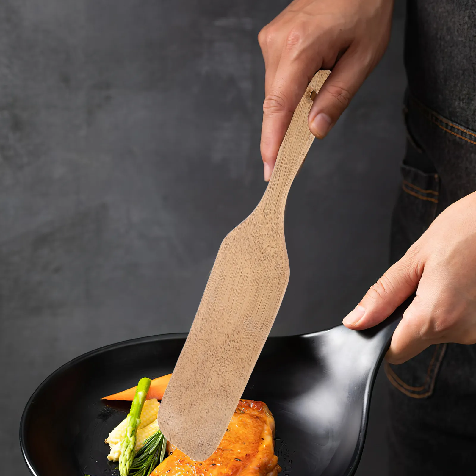 Juego de 2 utensilios de cocina de madera ecológicos, espátula y cuchara de madera natural para remover, mezclar, servir ensaladas y masa de pan ácida.
