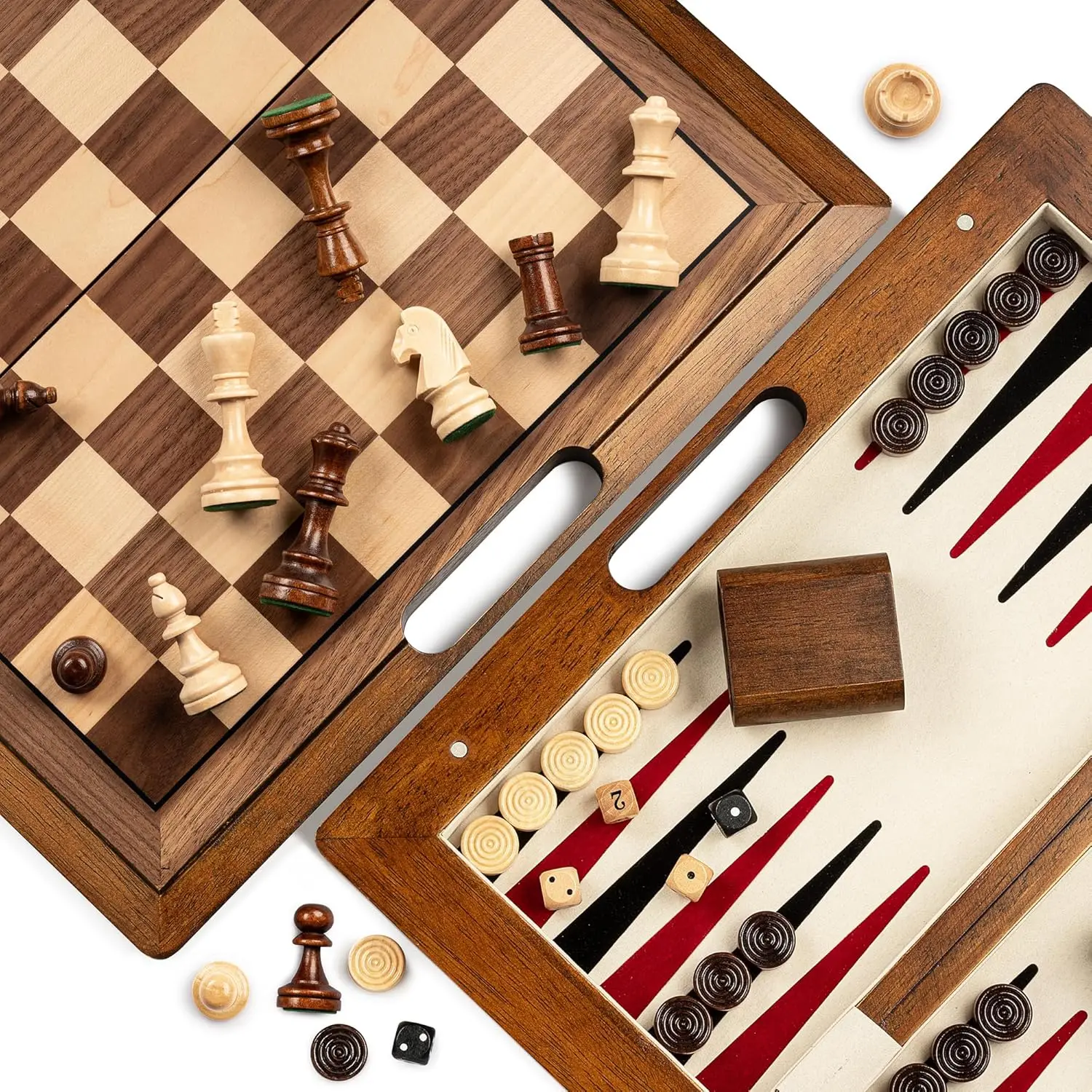 

15.5' Deluxe 3-in-1 Wood Chess Set: Portable Chess, Backgammon & Checkers with Folding Travel Board