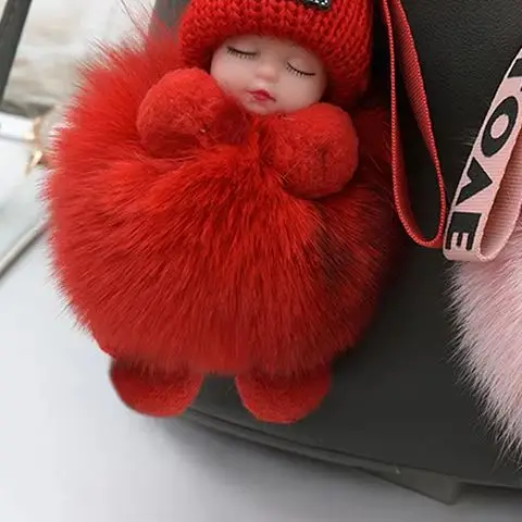 Pompom schlafendes Baby Schlüsselanhänger süße flauschige Plüschpuppe Schlüsselanhänger Frauen Mädchen Taschen Schlüsselanhänger Autos Schlüsselanhänger Geschenk charmante Dekoration