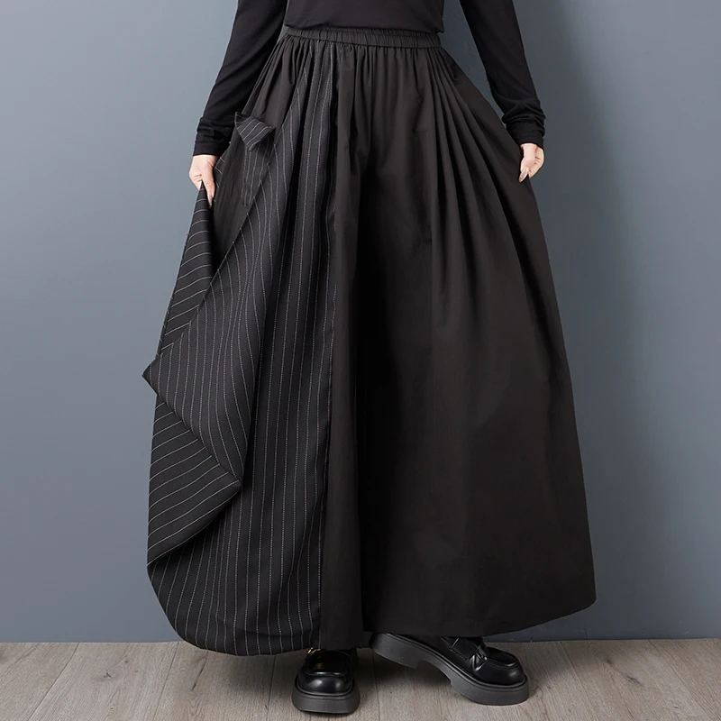 Spodnie z wysokim stanem i szerokimi nogawkami, w paski, łączone, codzienne spodnie-spódnica, długie spodnie, wiosenne, nowe, modne, uniwersalne.