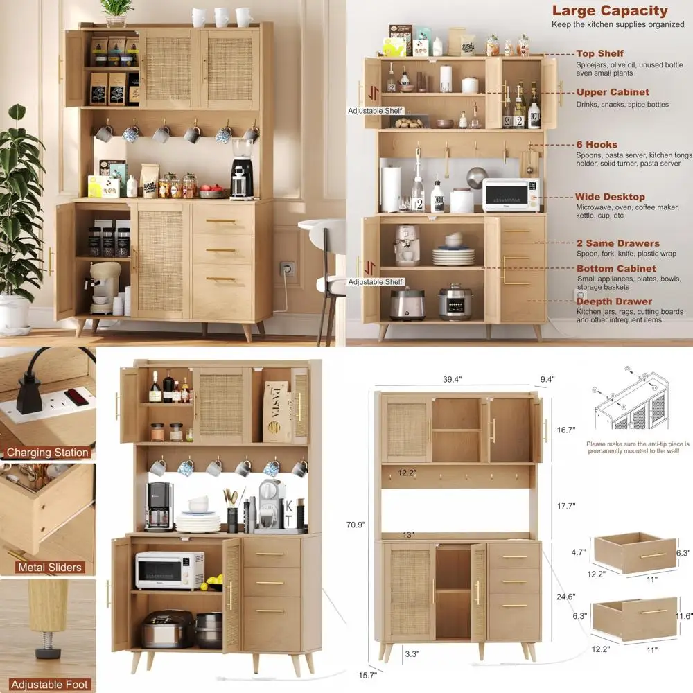 Freestanding Rattan Kitchen Pantry Cabinet with Microwave Shelf and Charging Station, Storage Sideboard for Efficient Organizati