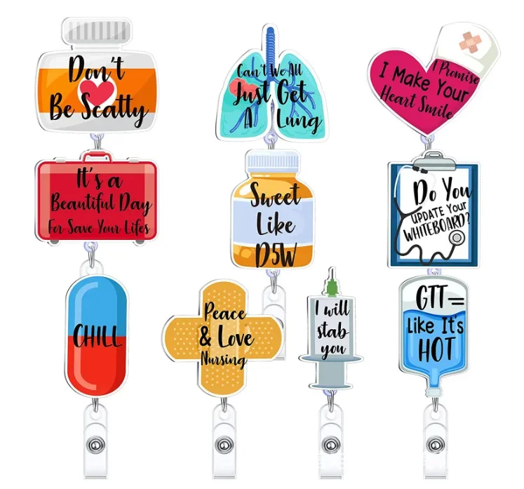 New Design 1 Piece Glitter Acrylic Retractable Nurse Badge Reel Anime Bottle Human Organs Love Heart Pill Bandage ID Card Holder