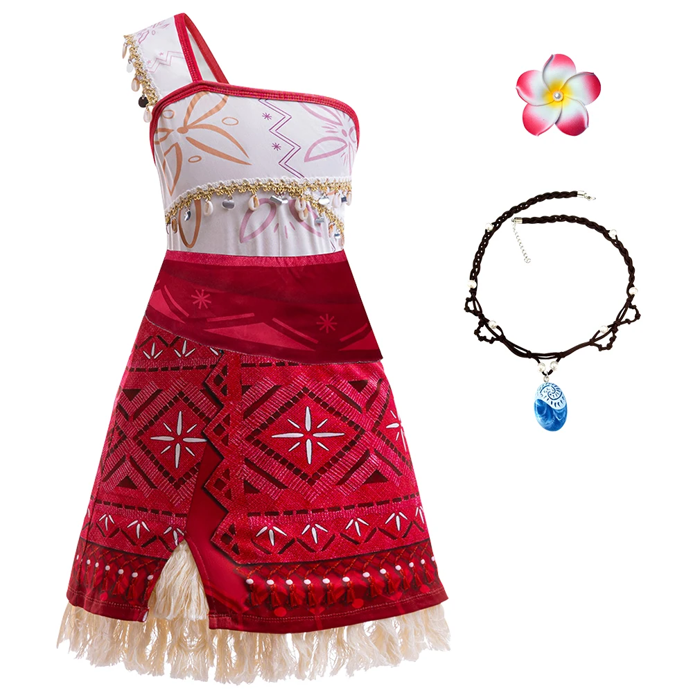 Women Cosplay Vaiana Moana Princess Dress with Necklace Mommy and Daughter Clothes Girl Party Carnival Maui Adults Kids Outfits