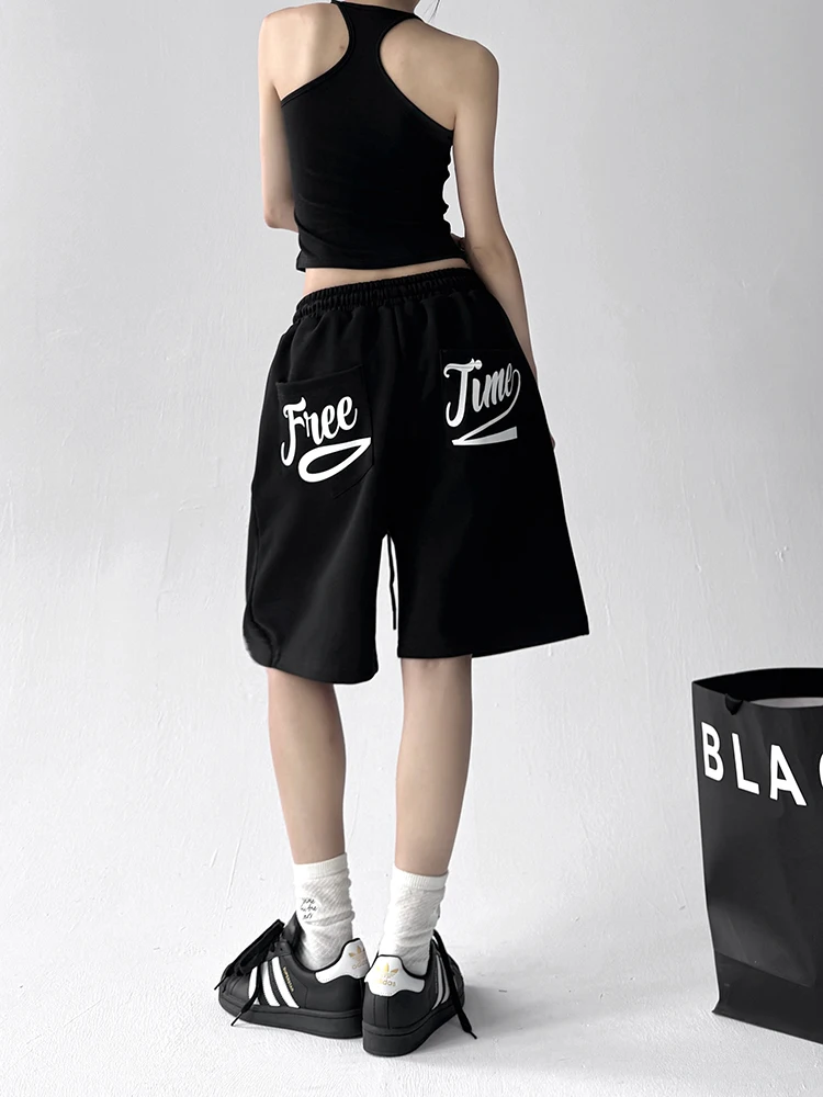 Letnie luźne spodnie damskie w stylu casual z modnym nadrukiem liter, długość do połowy łydki, wysoki stan, proste nogawki...