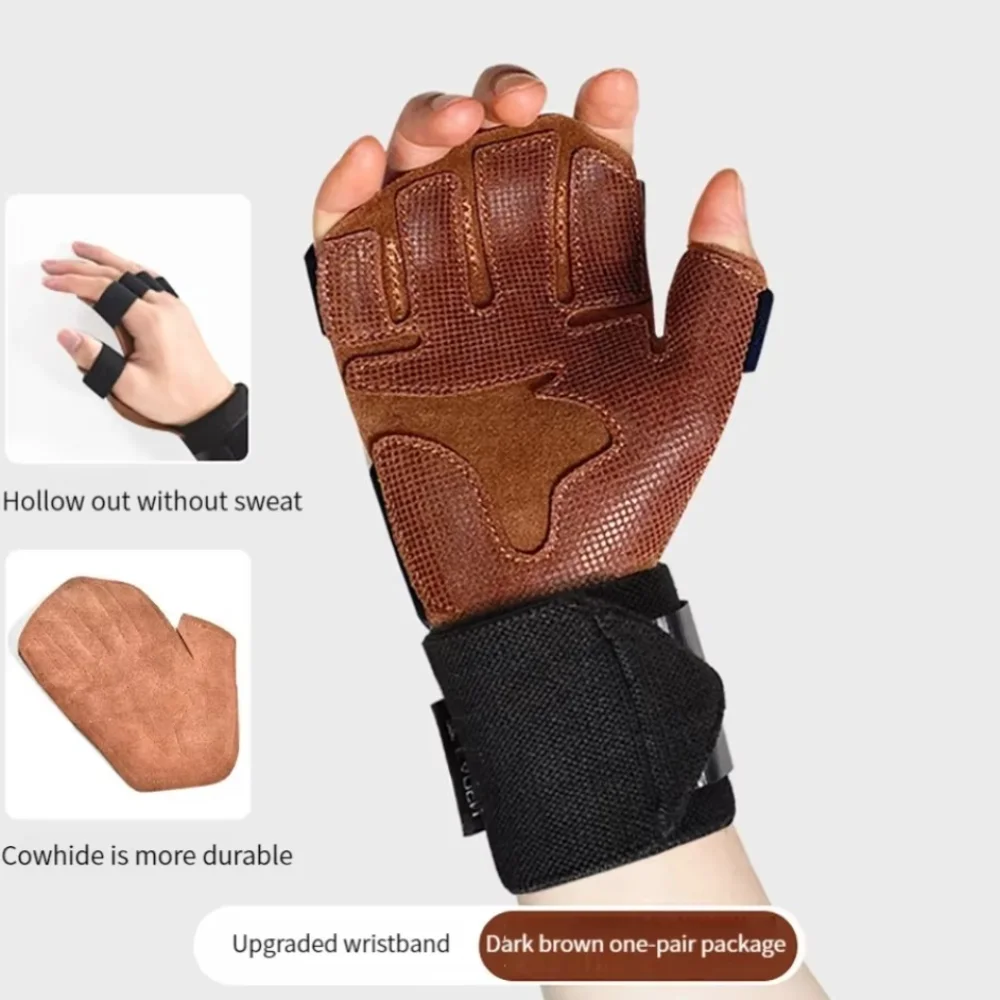 1 Pair Cowhide Weight Lifting Gloves Four-finger Breathable Ventilated Gym Wristband Non-Slip Training Fitness Workout Gloves